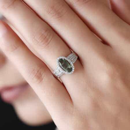Bohemian Moldavite and White Zircon Ring in Platinum Over Sterling Silver (Size 8.0) 1.60 ctw image number 2