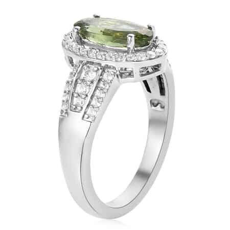 Bohemian Moldavite and White Zircon Ring in Platinum Over Sterling Silver (Size 8.0) 1.60 ctw image number 4