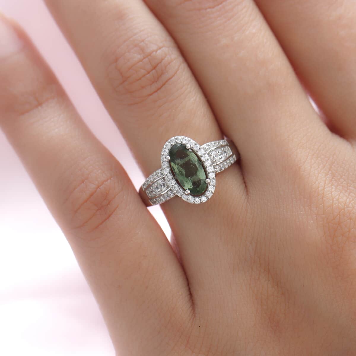 Bohemian Moldavite and White Zircon Ring in Platinum Over Sterling Silver (Size 9.0) 1.60 ctw image number 1