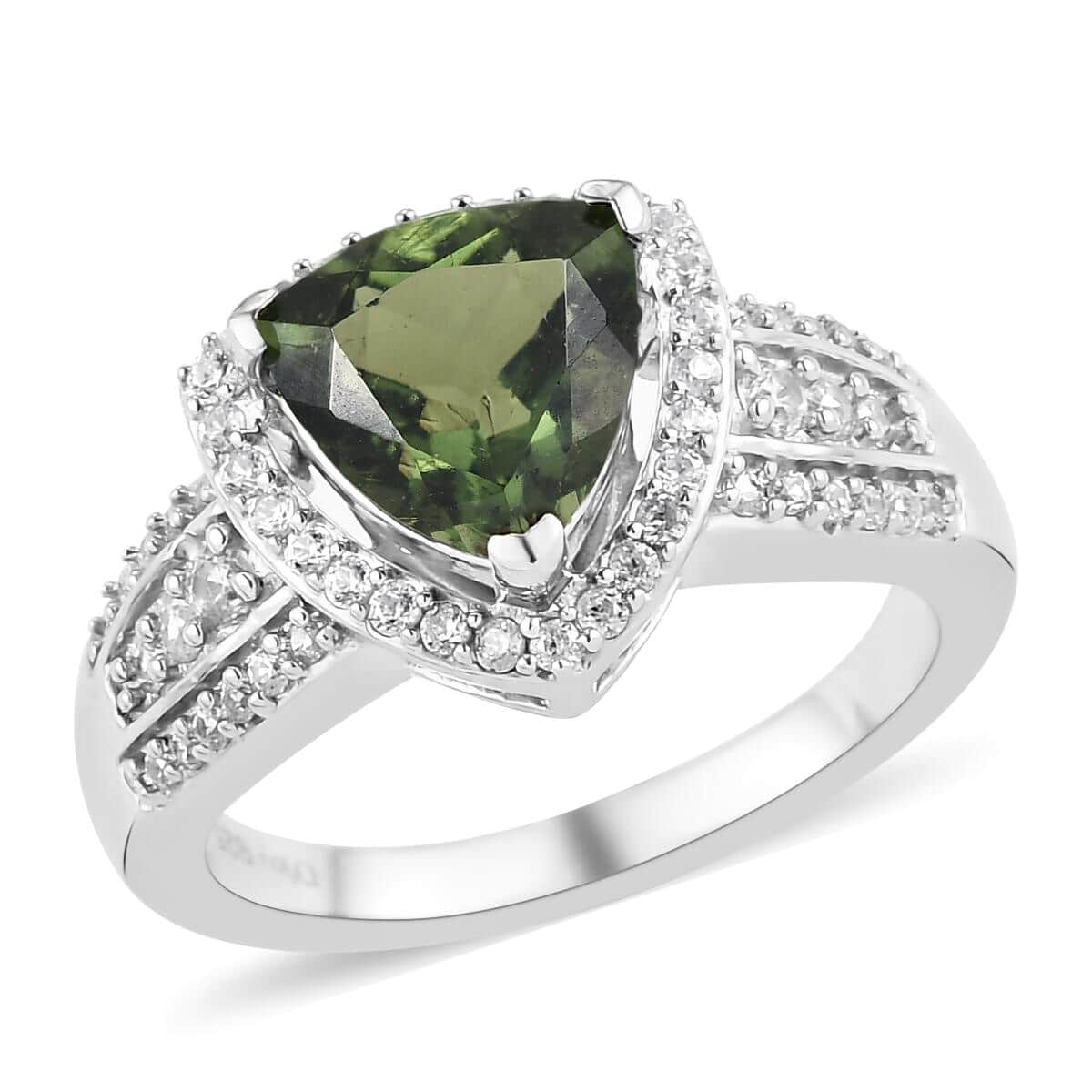 Bohemian Moldavite and Natural White Zircon Ring in Platinum Over Sterling Silver 2.10 ctw image number 0