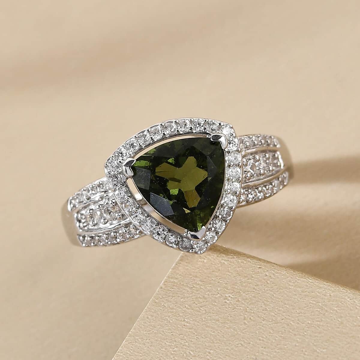 Bohemian Moldavite and White Zircon Ring in Platinum Over Sterling Silver (Size 10.0) 2.10 ctw image number 3