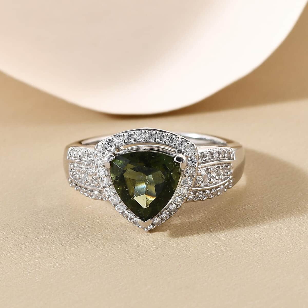 Bohemian Moldavite and Natural White Zircon Ring in Platinum Over Sterling Silver 2.10 ctw image number 4