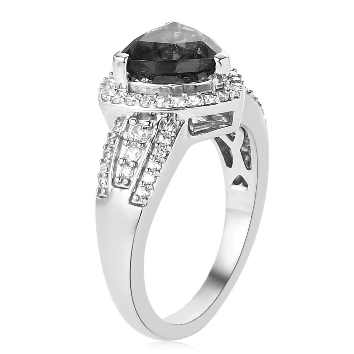 Bohemian Moldavite and Natural White Zircon Ring in Platinum Over Sterling Silver 2.10 ctw image number 5