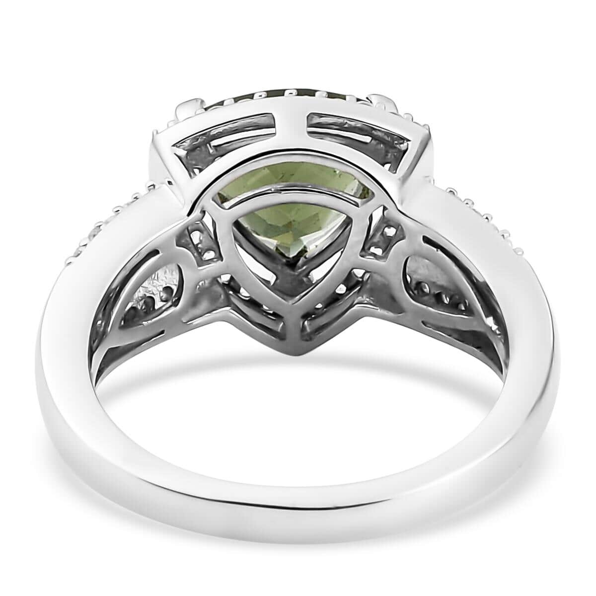 Bohemian Moldavite and Natural White Zircon Ring in Platinum Over Sterling Silver 2.10 ctw image number 6