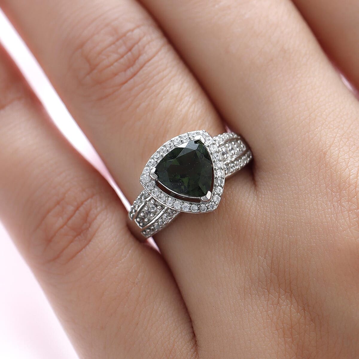 Bohemian Moldavite and White Zircon Ring in Platinum Over Sterling Silver (Size 6.0) 2.10 ctw image number 1