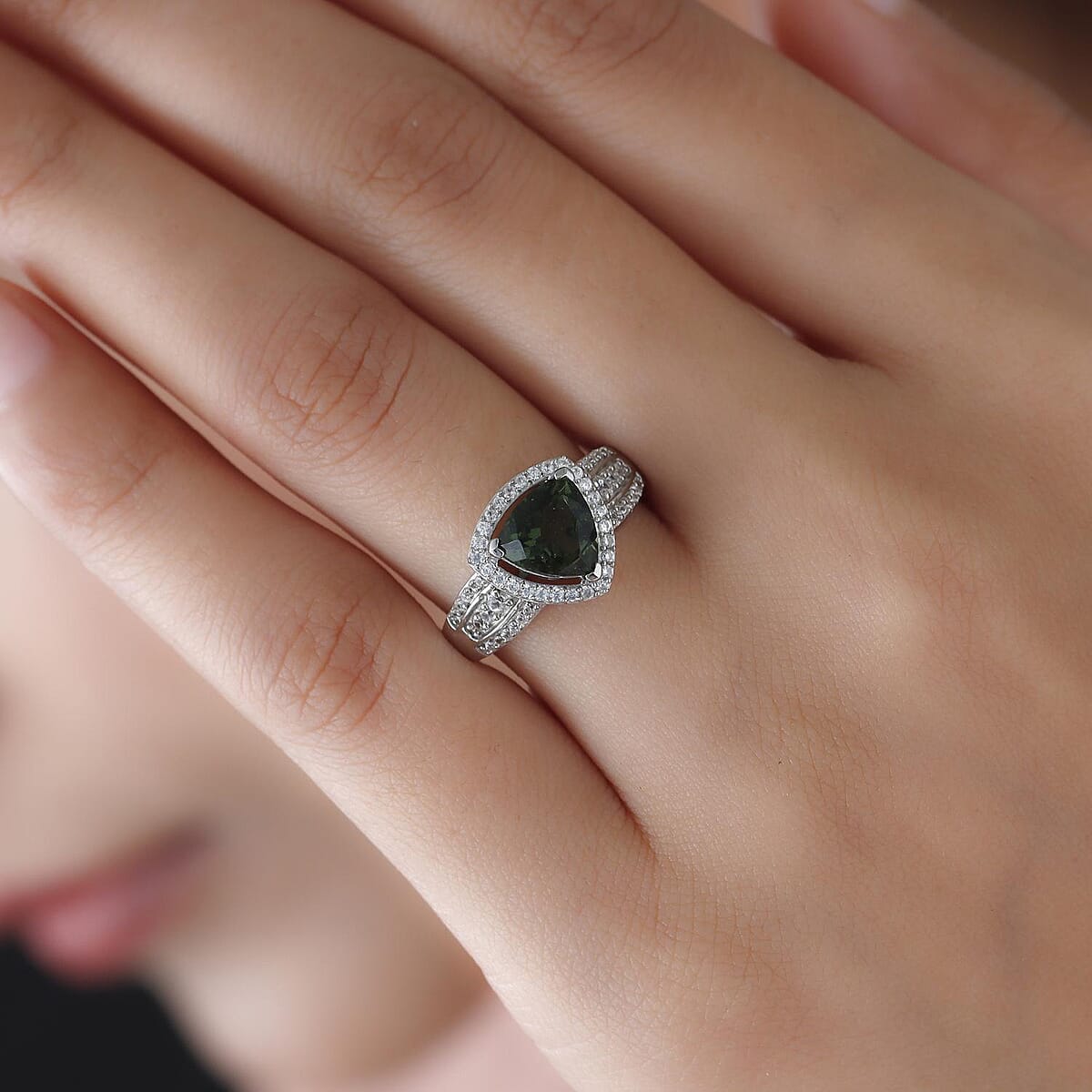 Bohemian Moldavite and White Zircon Ring in Platinum Over Sterling Silver (Size 6.0) 2.10 ctw image number 2