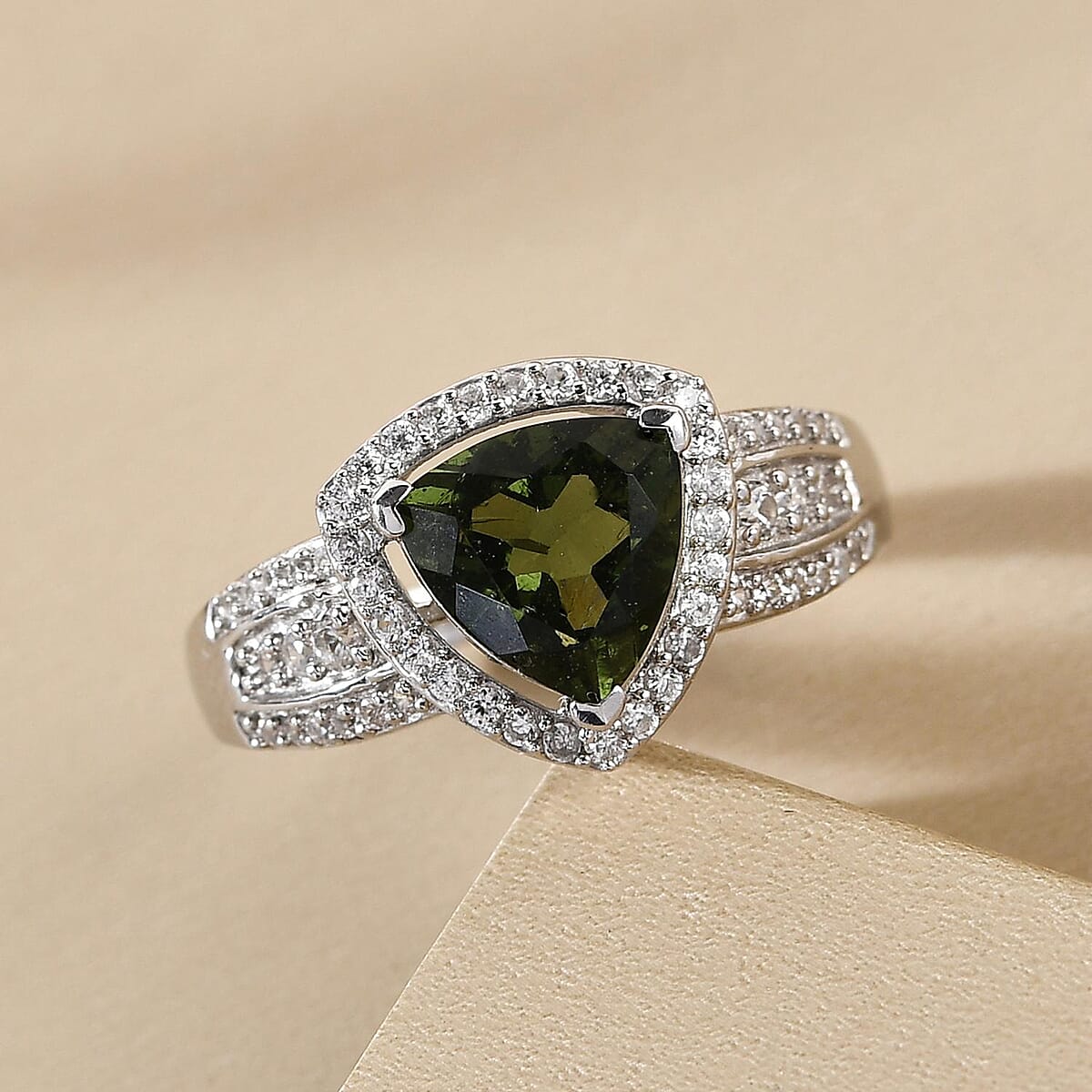 Bohemian Moldavite and White Zircon Ring in Platinum Over Sterling Silver (Size 6.0) 2.10 ctw image number 3