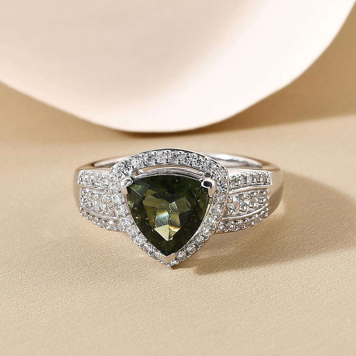 Bohemian Moldavite and White Zircon Ring in Platinum Over Sterling Silver (Size 6.0) 2.10 ctw image number 4