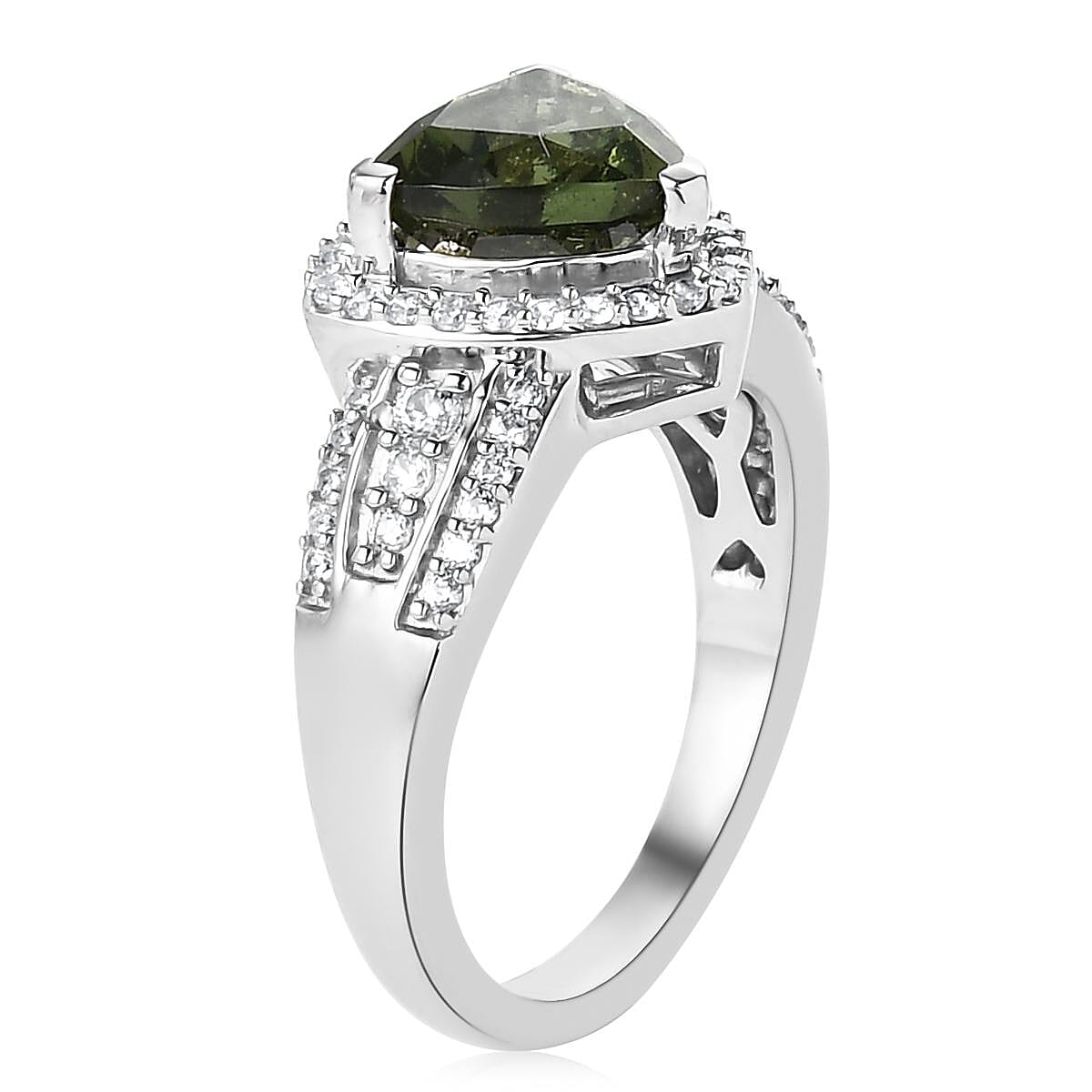 Bohemian Moldavite and White Zircon Ring in Platinum Over Sterling Silver (Size 6.0) 2.10 ctw image number 5