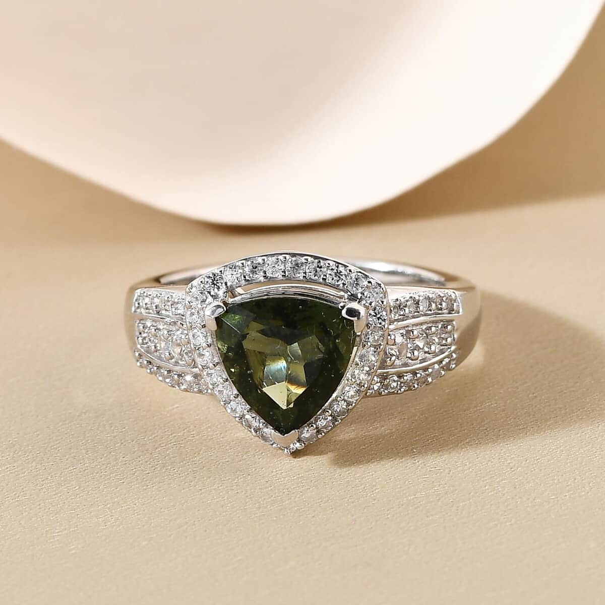 Bohemian Moldavite and White Zircon Ring in Platinum Over Sterling Silver (Size 7.0) 2.10 ctw image number 4