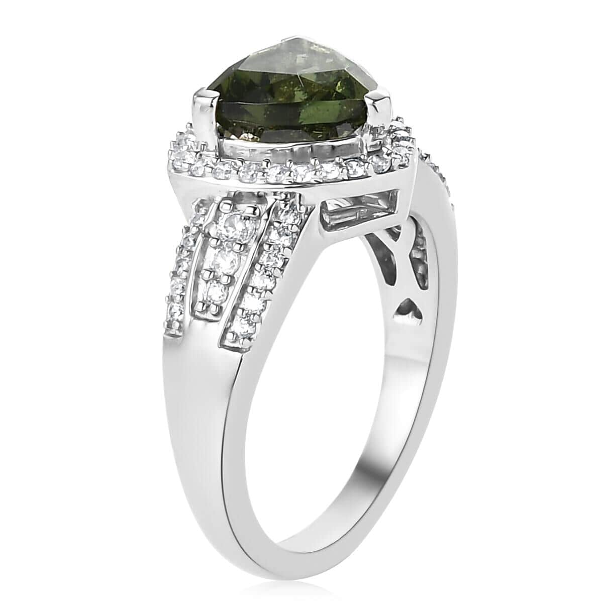 Bohemian Moldavite and White Zircon Ring in Platinum Over Sterling Silver (Size 7.0) 2.10 ctw image number 5