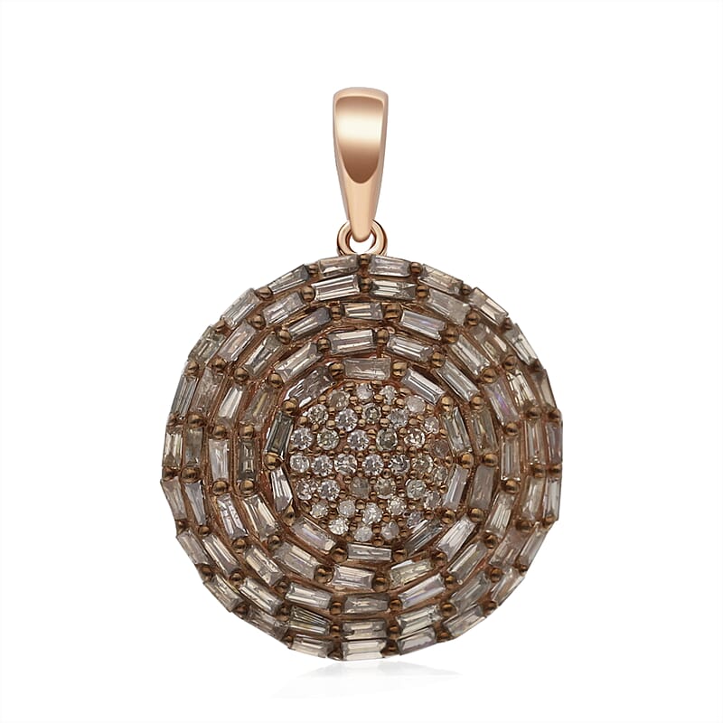 Natural Champagne Diamond Round Pendant in Rhodium & Vermeil Rose Gold Over Sterling Silver 1.00 ctw