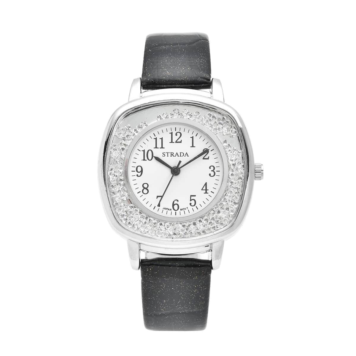 Strada Japanese Movement White Austrian Crystal Watch with Black Faux Leather Strap (36mm) (7.25-8.75 Inches) image number 0
