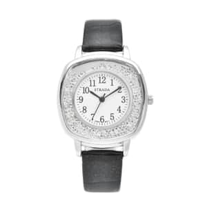 Strada Japanese Movement White Austrian Crystal Watch with Black Faux Leather Strap (36mm) (7.25-8.75 Inches)