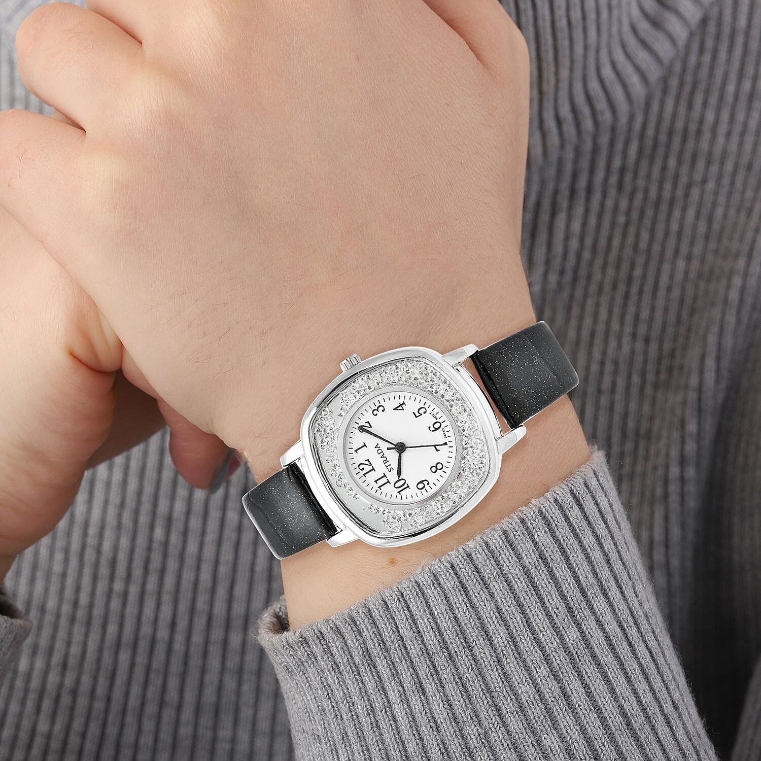 Strada Japanese Movement White Austrian Crystal Watch with Black Faux Leather Strap (36mm) (7.25-8.75 Inches)