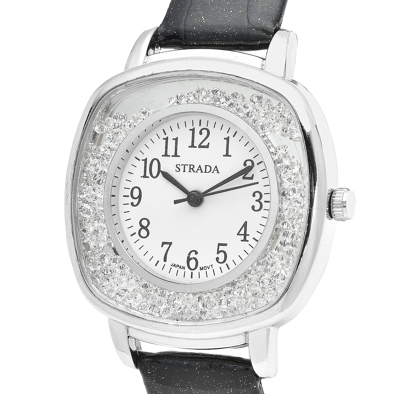 Strada Japanese Movement White Austrian Crystal Watch with Black Faux Leather Strap (36mm) (7.25-8.75 Inches)
