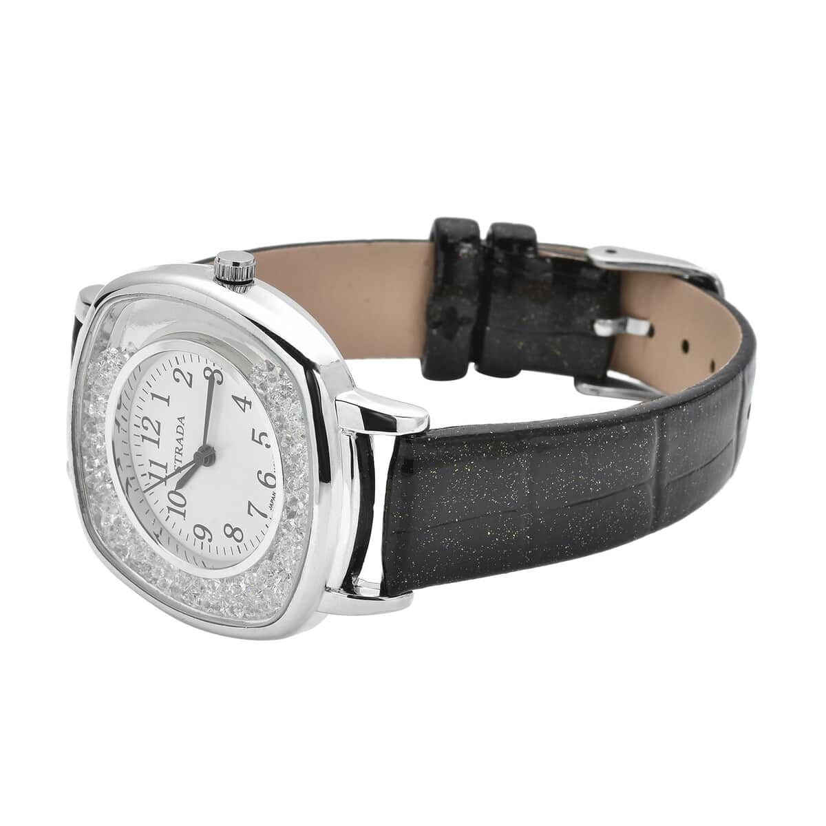 Strada Japanese Movement White Austrian Crystal Watch with Black Faux Leather Strap (36mm) (7.25-8.75 Inches) image number 4