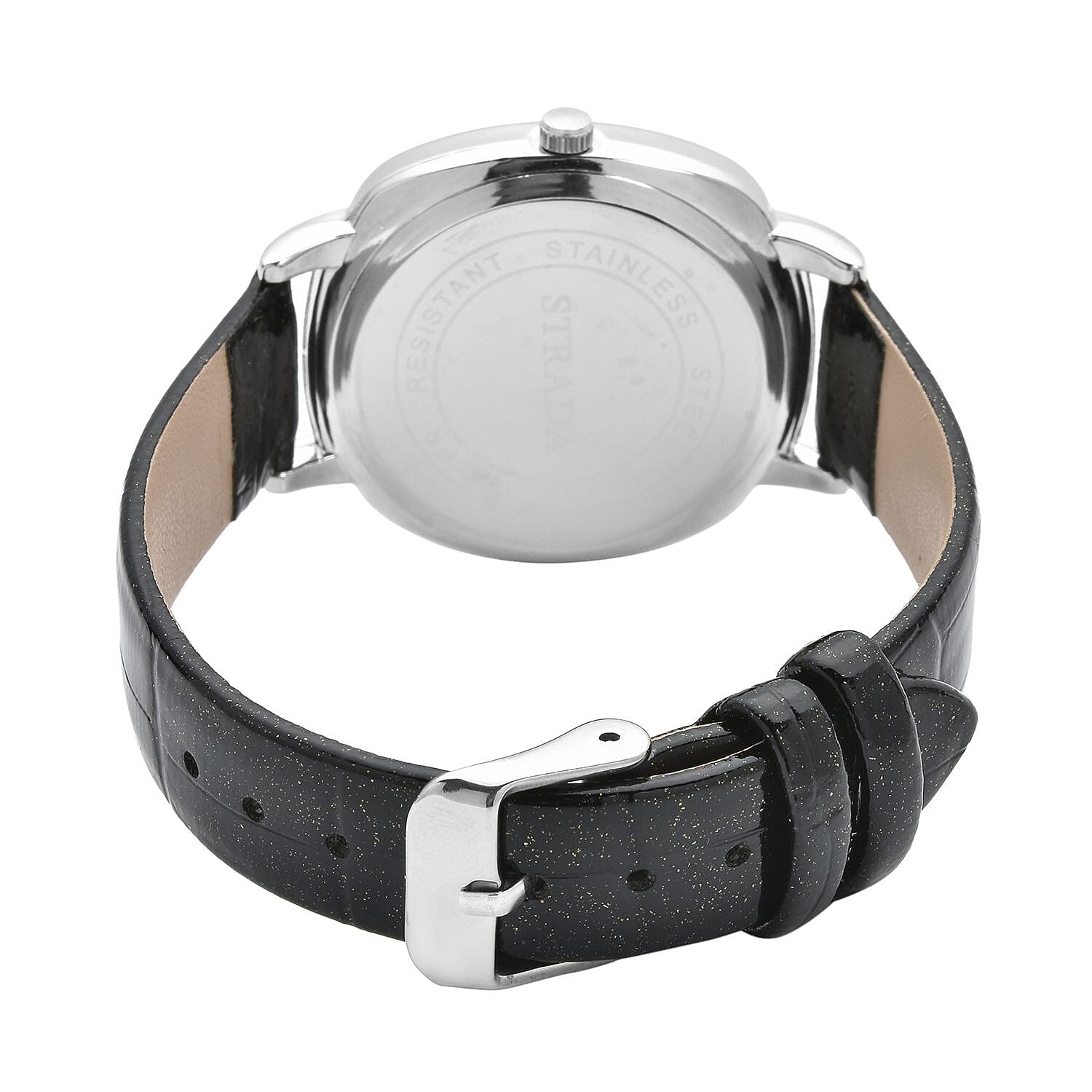 Strada Japanese Movement White Austrian Crystal Watch with Black Faux Leather Strap (36mm) (7.25-8.75 Inches)