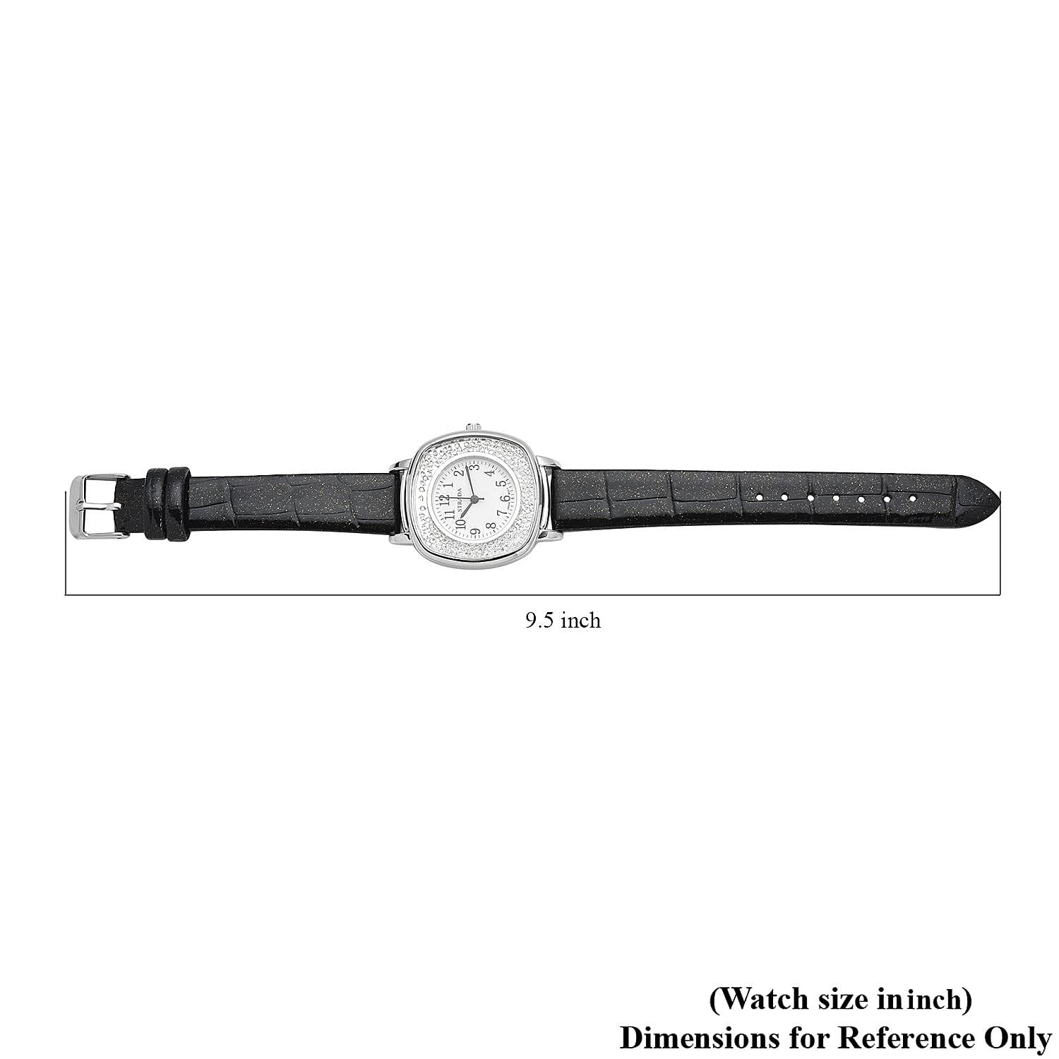 Strada Japanese Movement White Austrian Crystal Watch with Black Faux Leather Strap (36mm) (7.25-8.75 Inches)