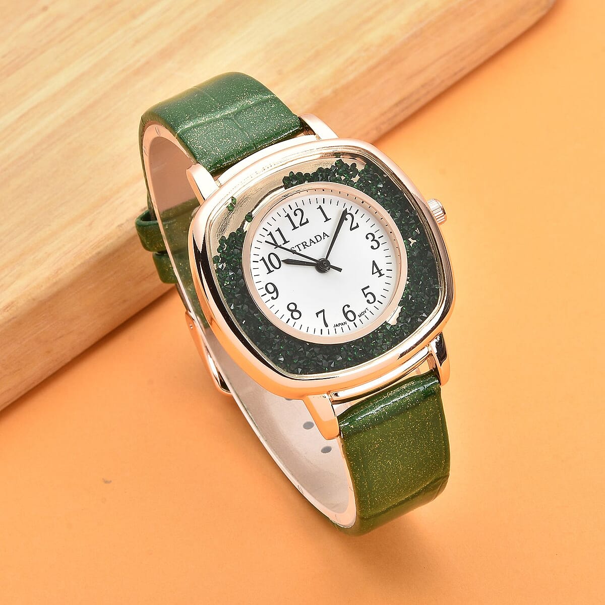 Strada Japanese Movement Green Austrian Crystal Watch with Green Faux Leather Strap (36mm) (7.25-8.75 Inches) image number 1