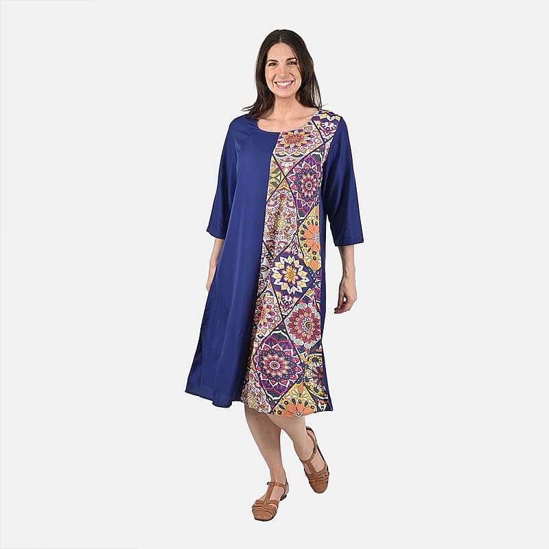 Tamsy Navy Front Patchwork Midi Dress - One Size Missy