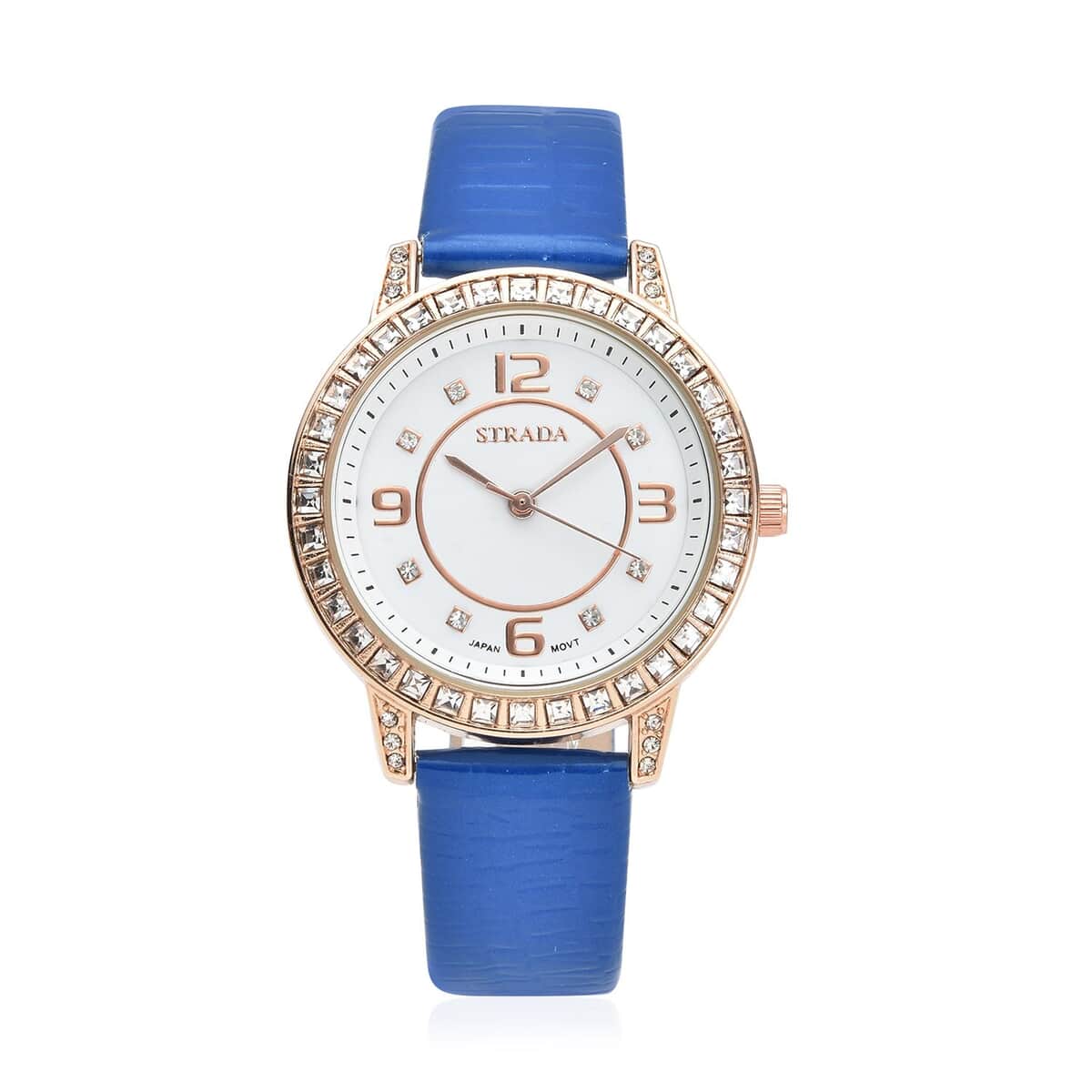 Strada Japanese Movement White Austrian Crystal Watch with Blue Faux Leather Strap (36mm) (7.00-8.25 Inches) image number 0