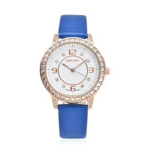 Strada Japanese Movement White Austrian Crystal Watch with Blue Faux Leather Strap (36mm) (7.00-8.25 Inches)