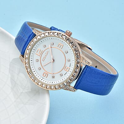 Strada Japanese Movement White Austrian Crystal Watch with Blue Faux Leather Strap (36mm) (7.00-8.25 Inches)