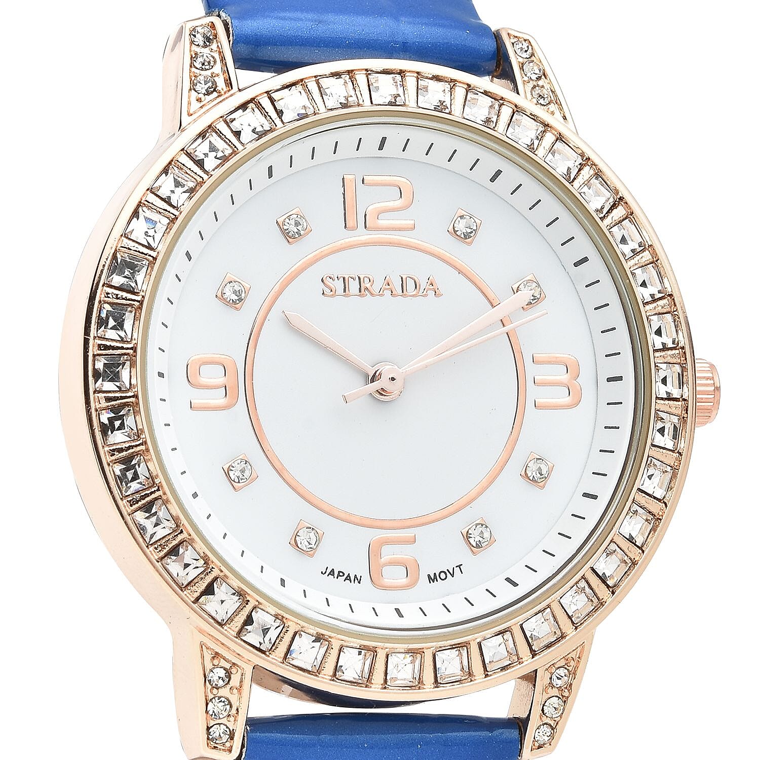 Strada Japanese Movement White Austrian Crystal Watch with Blue Faux Leather Strap (36mm) (7.00-8.25 Inches)
