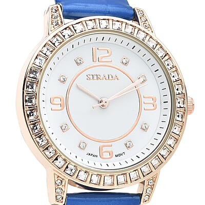 Strada Japanese Movement White Austrian Crystal Watch with Blue Faux Leather Strap (36mm) (7.00-8.25 Inches)