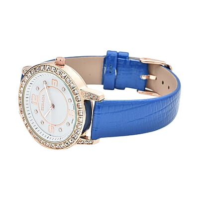 Strada Japanese Movement White Austrian Crystal Watch with Blue Faux Leather Strap (36mm) (7.00-8.25 Inches)