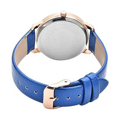 Strada Japanese Movement White Austrian Crystal Watch with Blue Faux Leather Strap (36mm) (7.00-8.25 Inches)