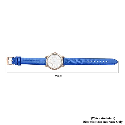 Strada Japanese Movement White Austrian Crystal Watch with Blue Faux Leather Strap (36mm) (7.00-8.25 Inches)