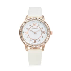 Strada Japanese Movement White Austrian Crystal Watch with White Faux Leather Strap (36mm) (7.00-8.25 Inches)