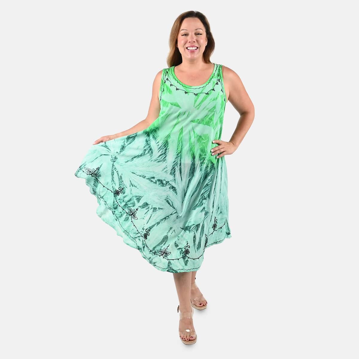 Tamsy Mint Green and Turquoise Embroidered Tie Dye Umbrella Dress - One Size Plus | Women's Dress | Summer Dress | Western Dress | Sleeveless Dress image number 0