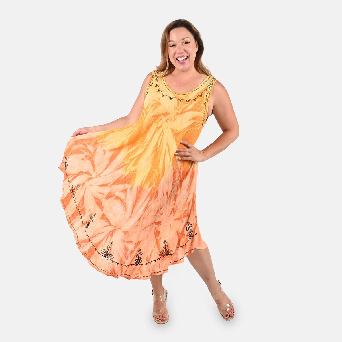 Tamsy Orange and Yellow Embroidered Tie Dye Umbrella Dress - One Size Plus | Women's Dress | Summer Dress | Western Dress | Sleeveless Dress image number 0