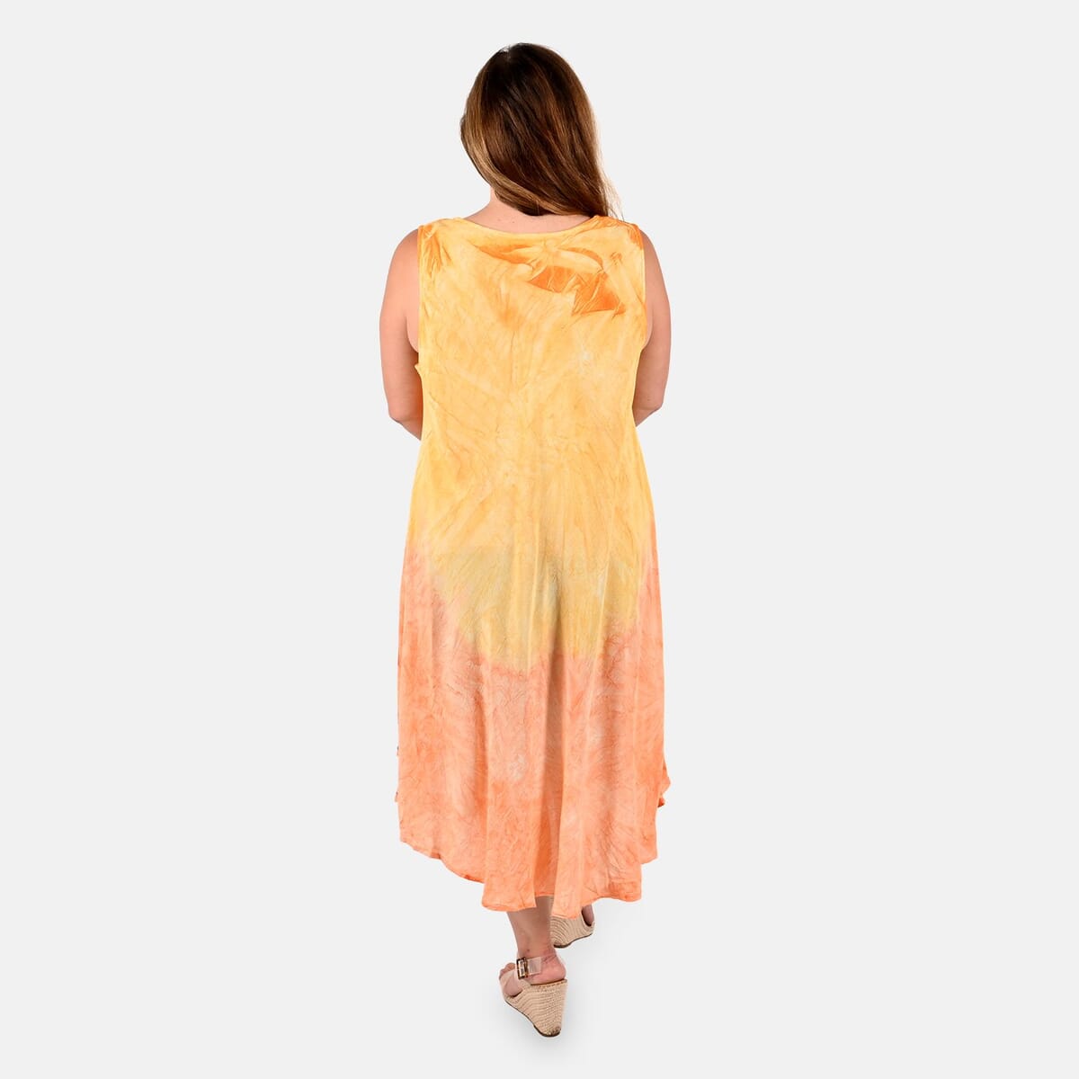 Tamsy Orange and Yellow Embroidered Tie Dye Umbrella Dress - One Size Plus | Women's Dress | Summer Dress | Western Dress | Sleeveless Dress image number 1