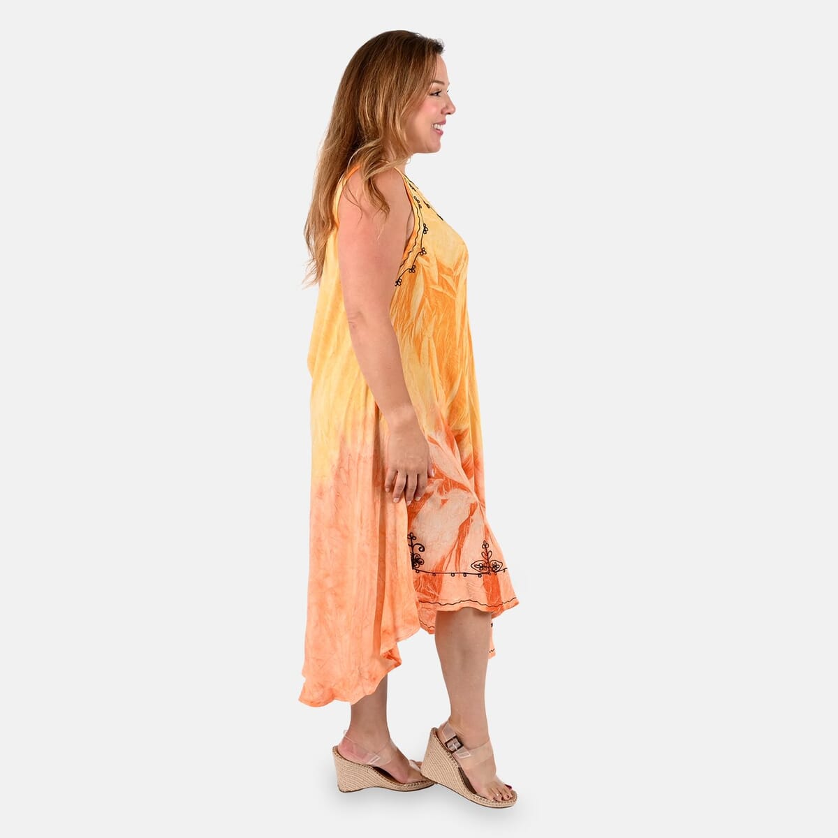 Tamsy Orange and Yellow Embroidered Tie Dye Umbrella Dress - One Size Plus | Women's Dress | Summer Dress | Western Dress | Sleeveless Dress image number 2