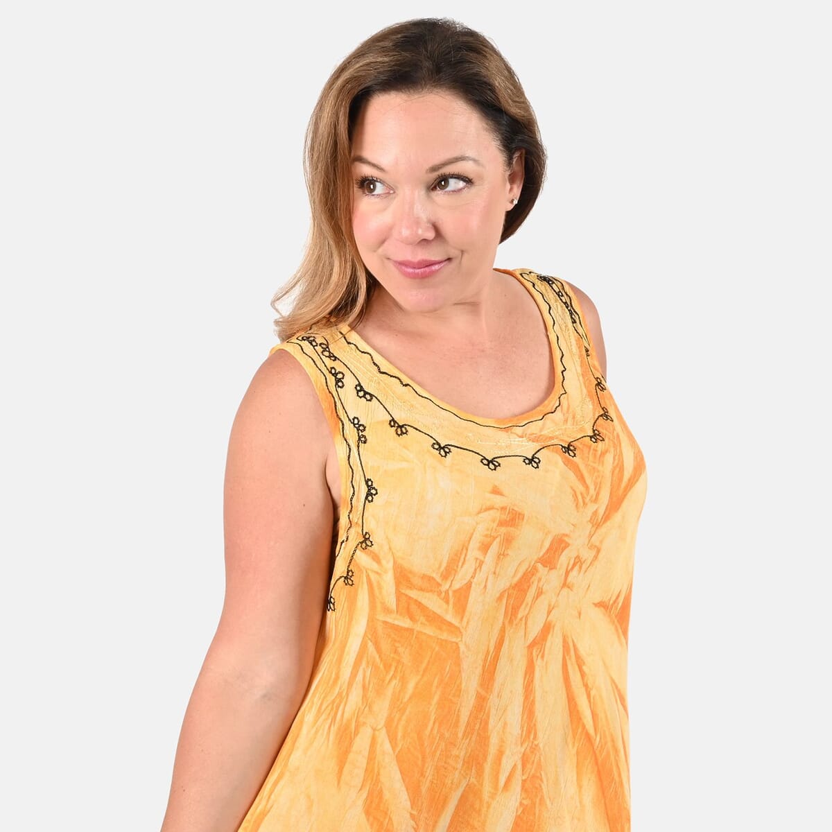 Tamsy Orange and Yellow Embroidered Tie Dye Umbrella Dress - One Size Plus | Women's Dress | Summer Dress | Western Dress | Sleeveless Dress image number 3