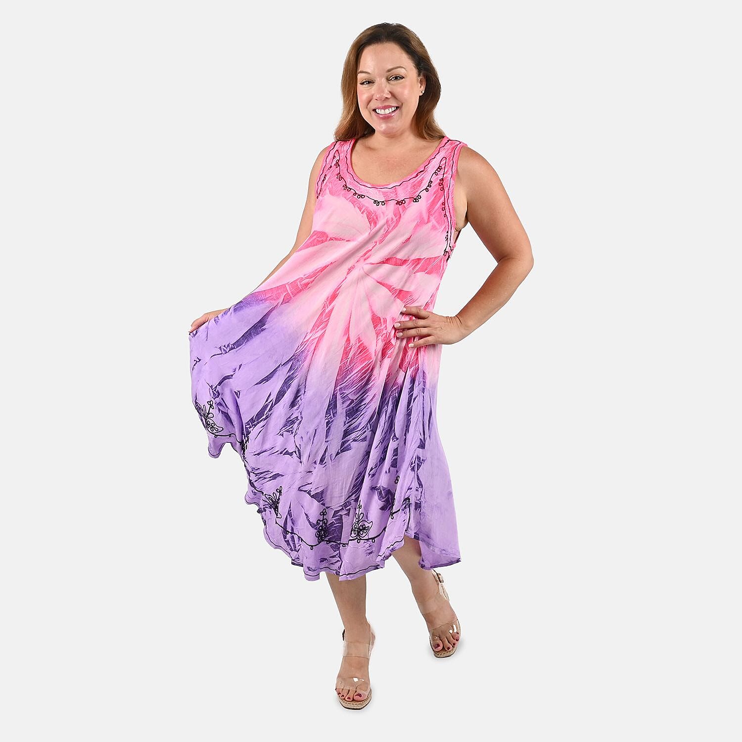 Tamsy Pink and Purple Embroidered Tie Dye Umbrella Dress - One Size Plus | Women's Dress | Summer Dress | Western Dress | Sleeveless Dress