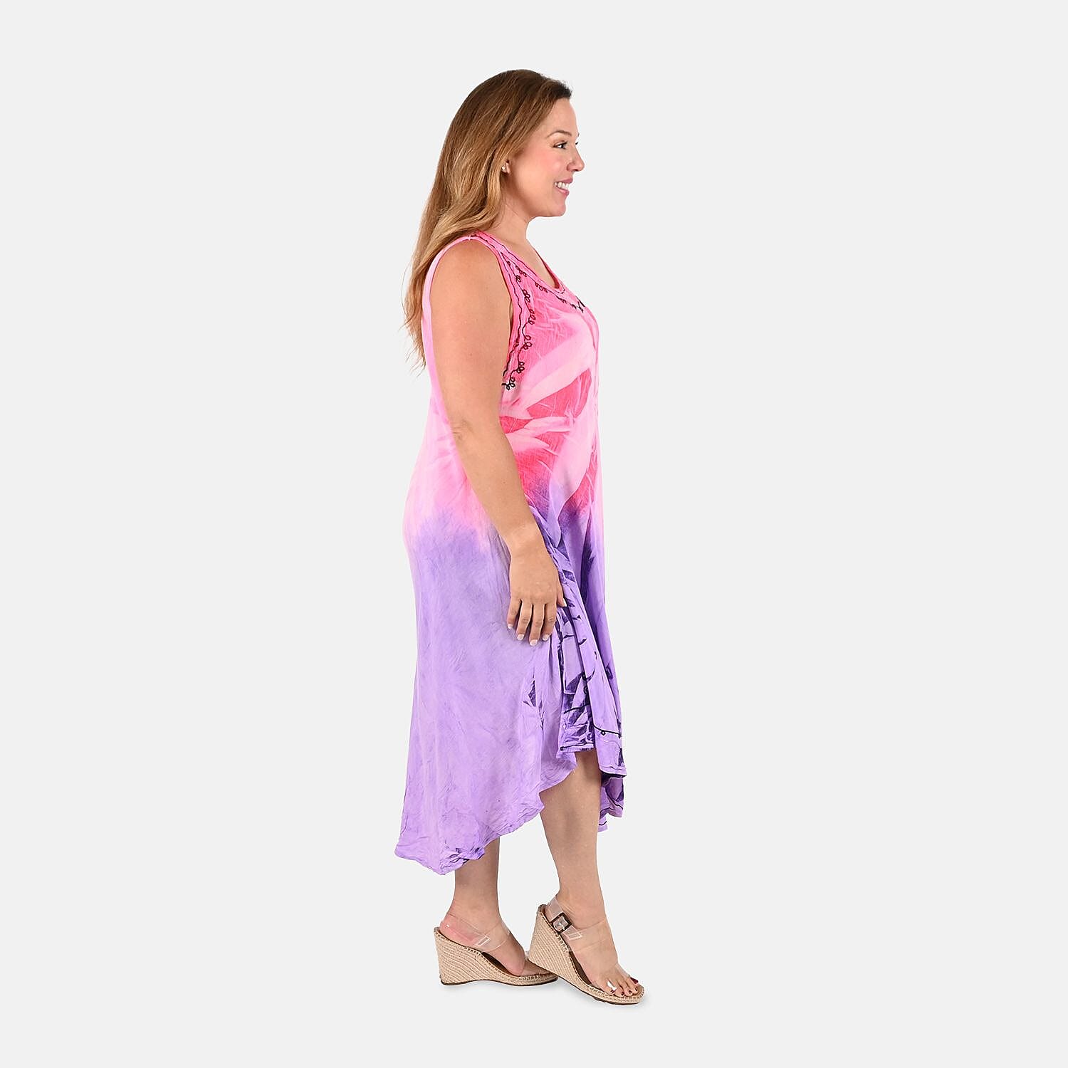 Tamsy Pink and Purple Embroidered Tie Dye Umbrella Dress - One Size Plus | Women's Dress | Summer Dress | Western Dress | Sleeveless Dress