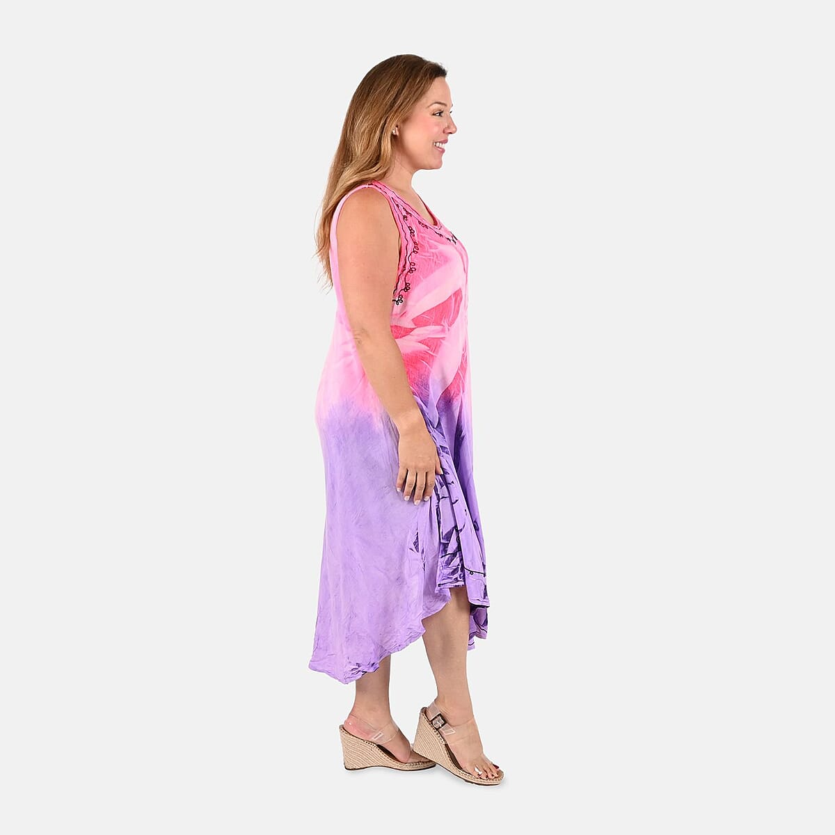 Tamsy Pink and Purple Embroidered Tie Dye Umbrella Dress - One Size Plus | Women's Dress | Summer Dress | Western Dress | Sleeveless Dress image number 2