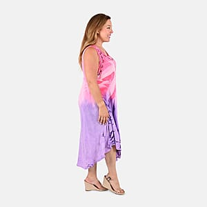 Tamsy Pink and Purple Embroidered Tie Dye Umbrella Dress - One Size Plus | Women's Dress | Summer Dress | Western Dress | Sleeveless Dress
