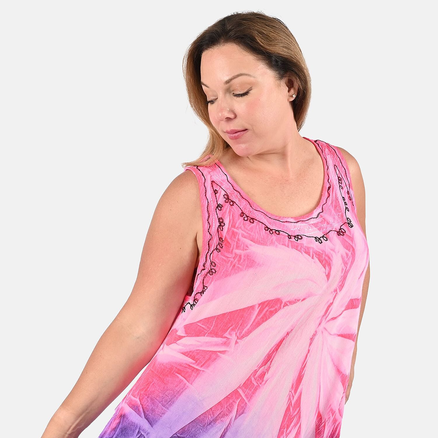 Tamsy Pink and Purple Embroidered Tie Dye Umbrella Dress - One Size Plus | Women's Dress | Summer Dress | Western Dress | Sleeveless Dress
