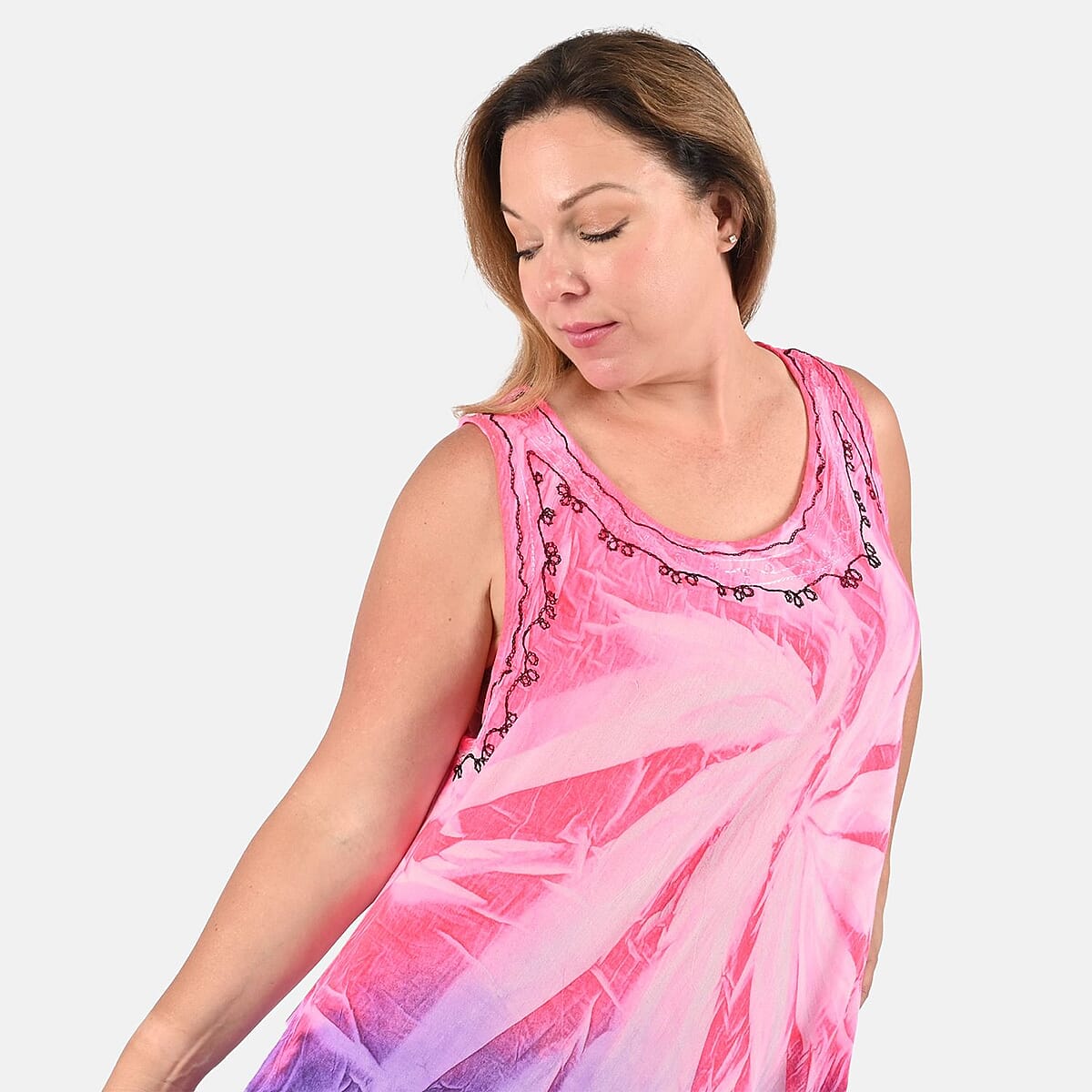 Tamsy Pink and Purple Embroidered Tie Dye Umbrella Dress - One Size Plus | Women's Dress | Summer Dress | Western Dress | Sleeveless Dress image number 3