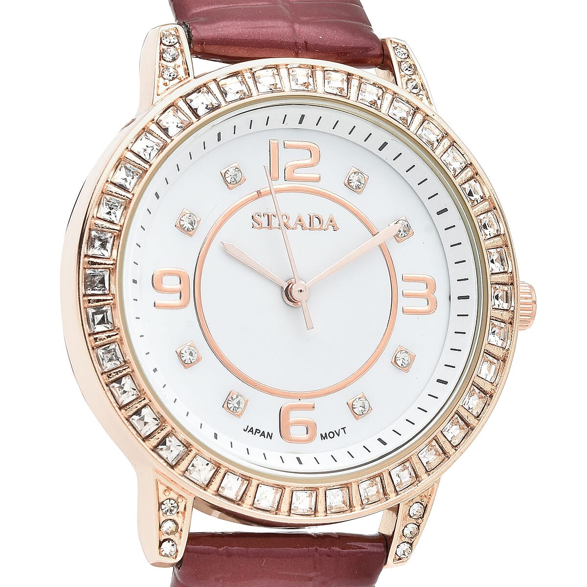 Strada Japanese Movement White Austrian Crystal Watch with Red Faux Leather Strap (36mm) (7.00-8.25 Inches) image number 3