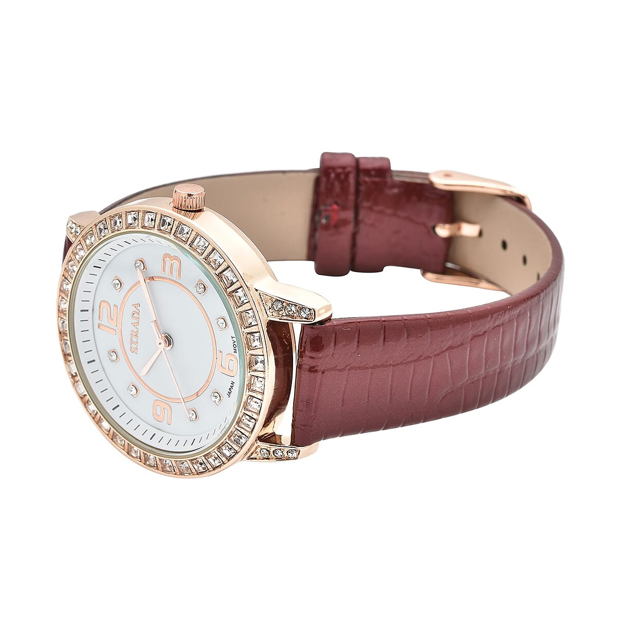 Strada Japanese Movement White Austrian Crystal Watch with Red Faux Leather Strap (36mm) (7.00-8.25 Inches) image number 4