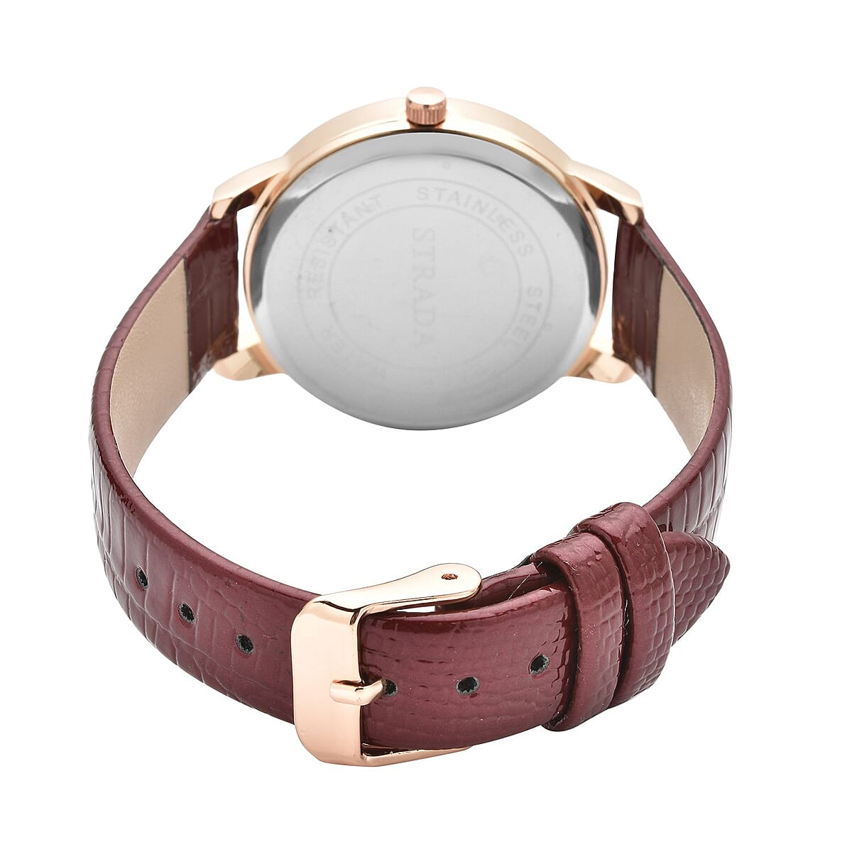 Strada Japanese Movement White Austrian Crystal Watch with Red Faux Leather Strap (36mm) (7.00-8.25 Inches) image number 5