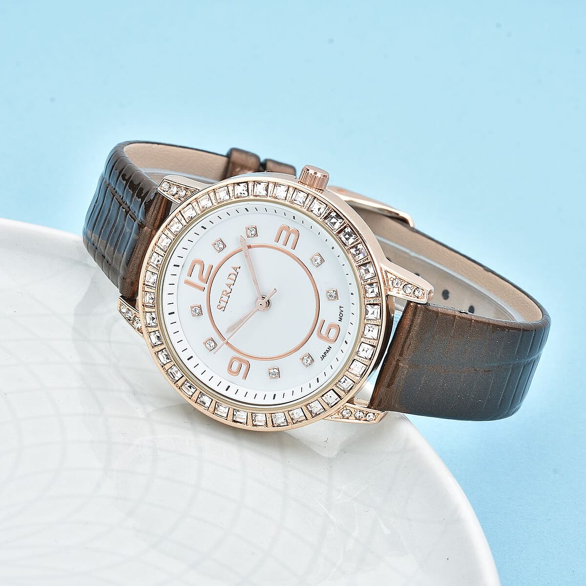 Strada Japanese Movement White Austrian Crystal Watch with Brown Faux Leather Strap (36mm) (7.00-8.25 Inches) image number 1