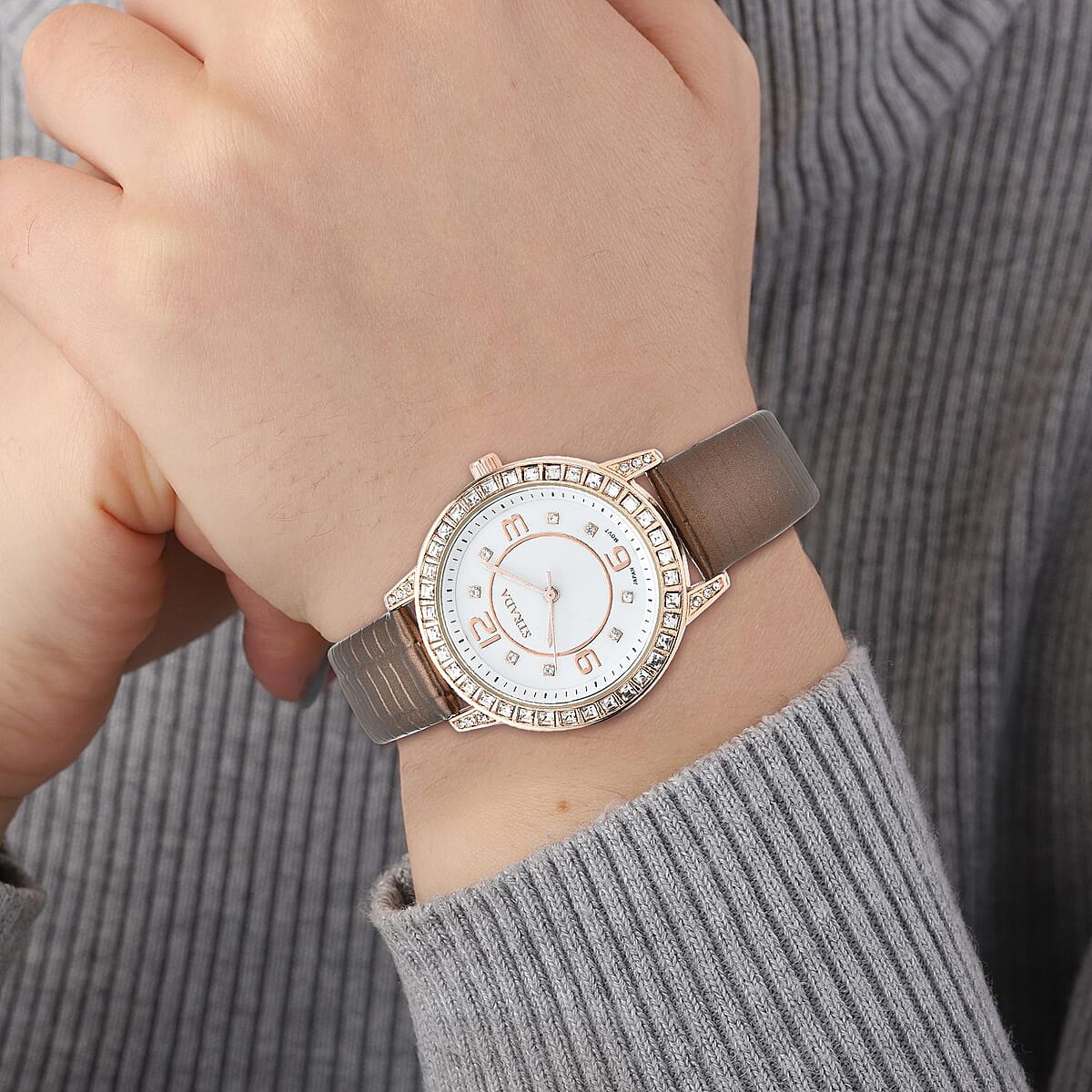 Strada Japanese Movement White Austrian Crystal Watch with Brown Faux Leather Strap (36mm) (7.00-8.25 Inches) image number 2